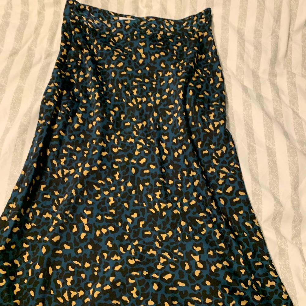 Green leopard print silk midi skirt